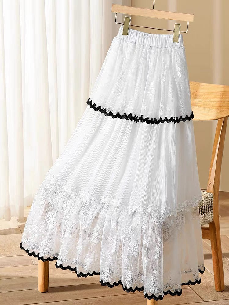 Tiered Lace Trim Midi Skirt
