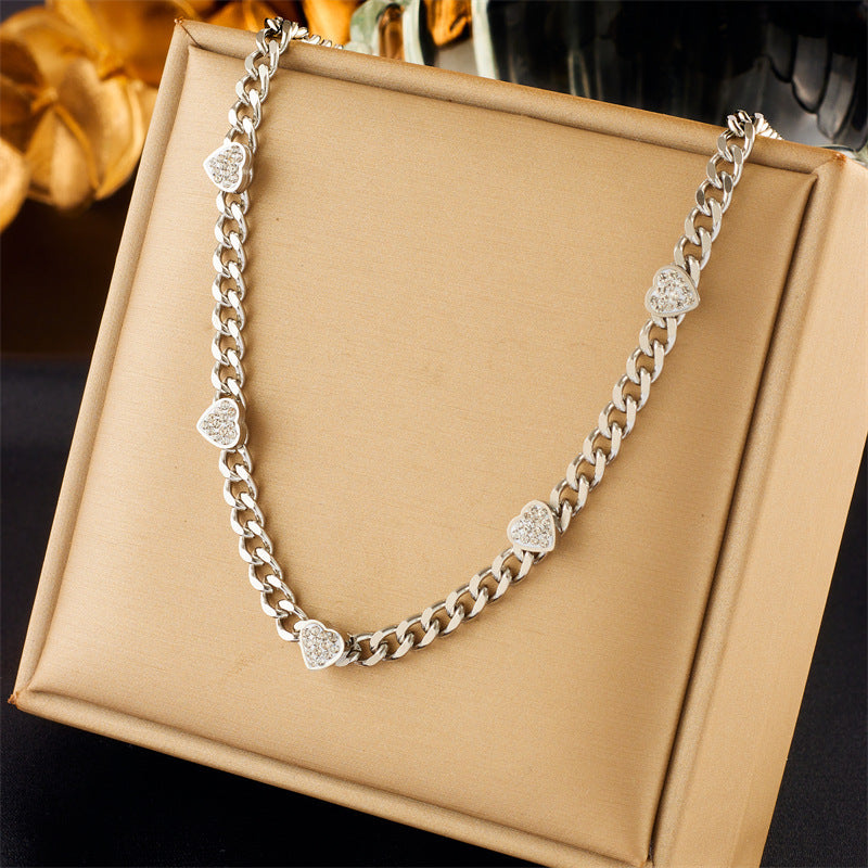 Diamond Heart Chain Necklace - Titanium Steel
