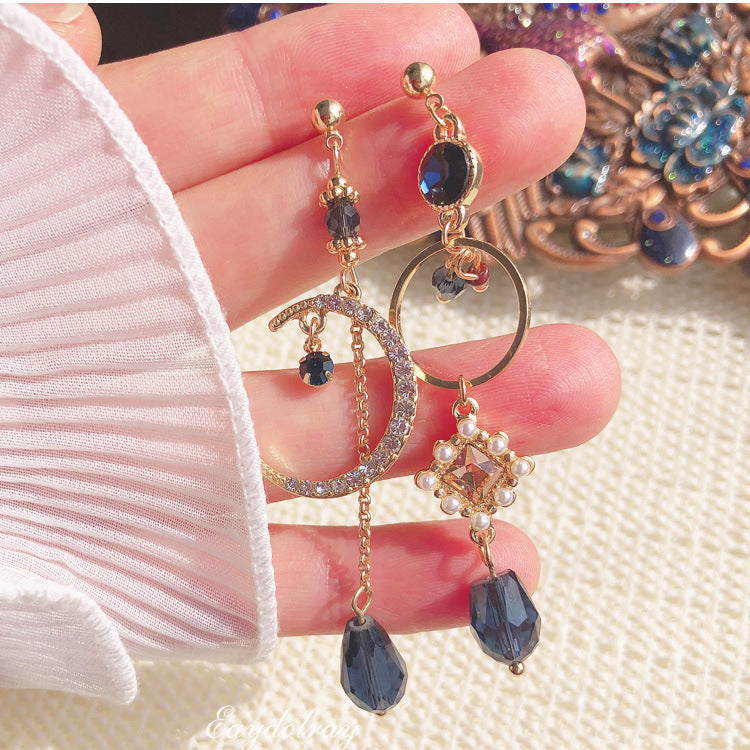 Women's Blue Waterdrop Charm Long Asymmetric Rhinestone Earrings
