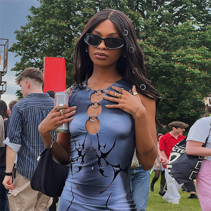 3D Digital Print Sleeveless Bodycon Maxi Dress - Gray