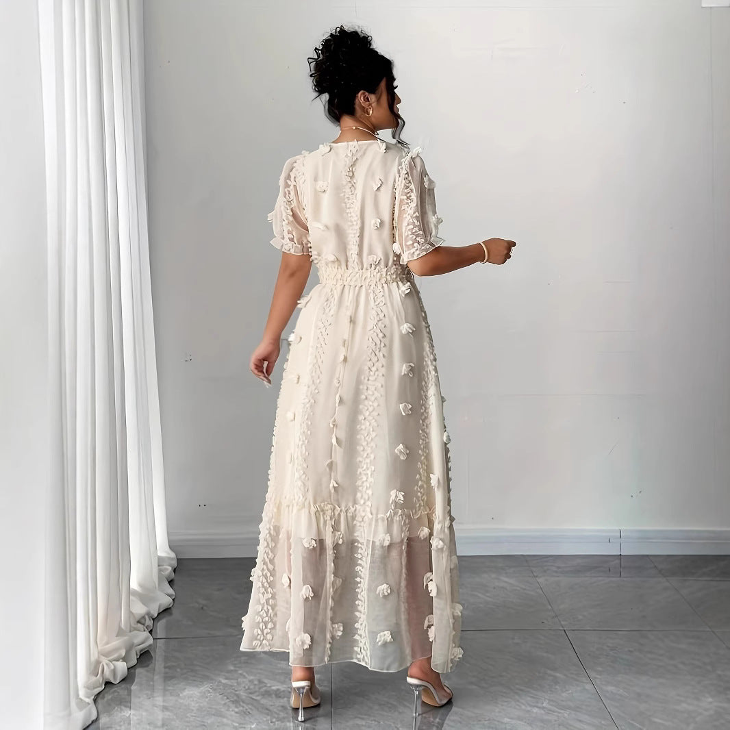 Apricot Floral V-Neck Fit and Flare Maxi Dress