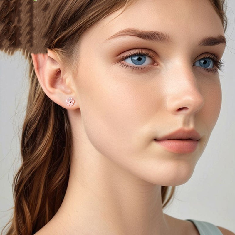 Flower Heart Stud Earrings - S925 Sterling Silver