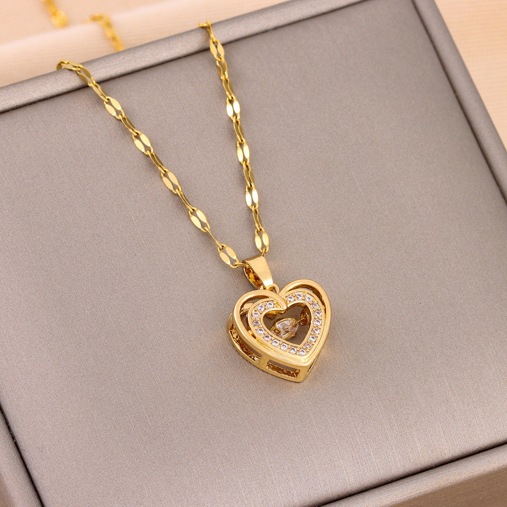 Love Necklace with Double-layer Pendant and Rhinestones