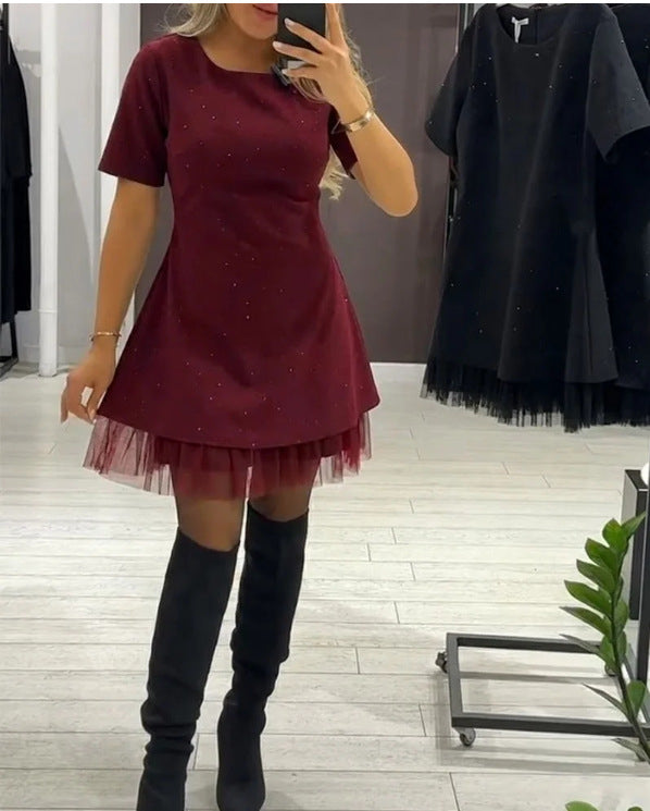 Rhinestone Lace Trim A-Line Dress - Short Sleeve