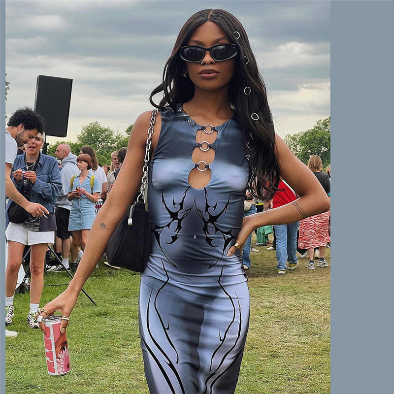 3D Digital Print Sleeveless Bodycon Maxi Dress - Gray