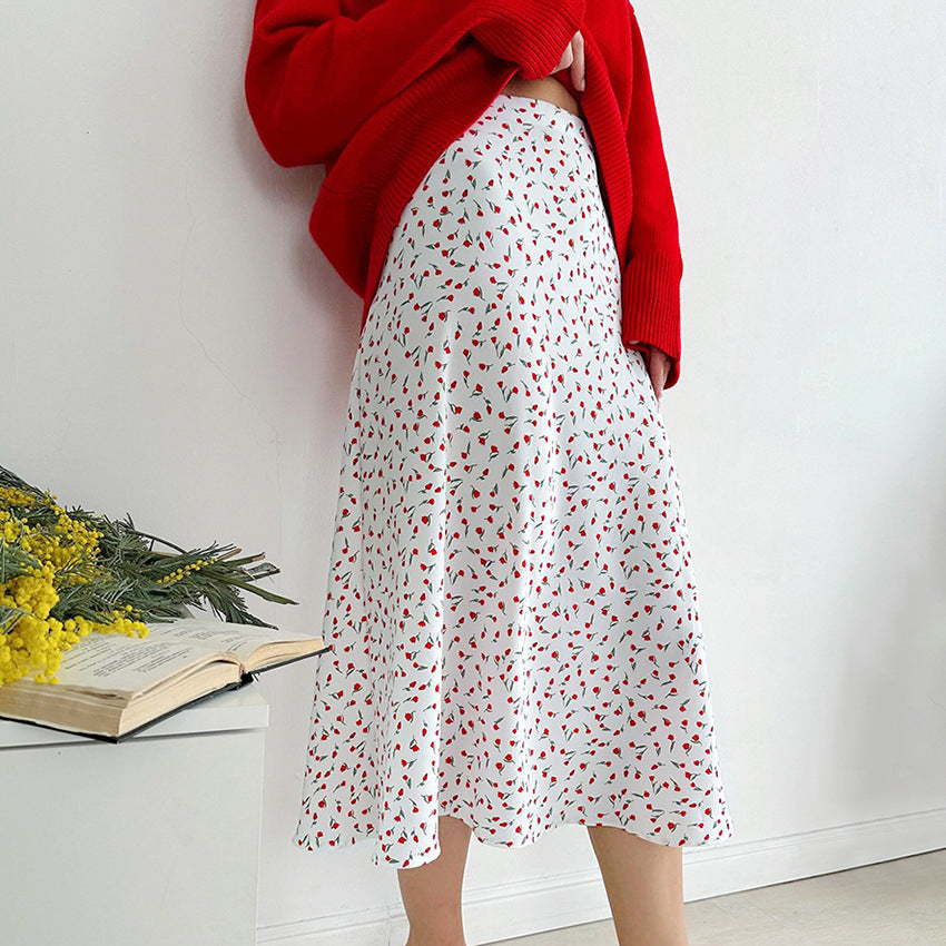 Rose Print High Waist Midi Skirt