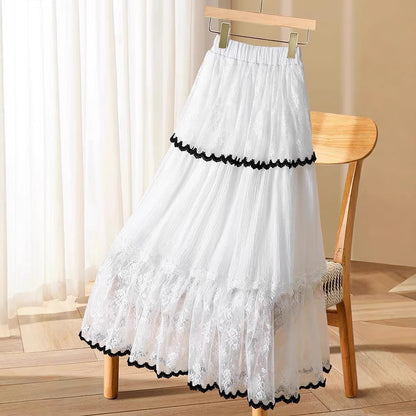 Tiered Lace Trim Midi Skirt