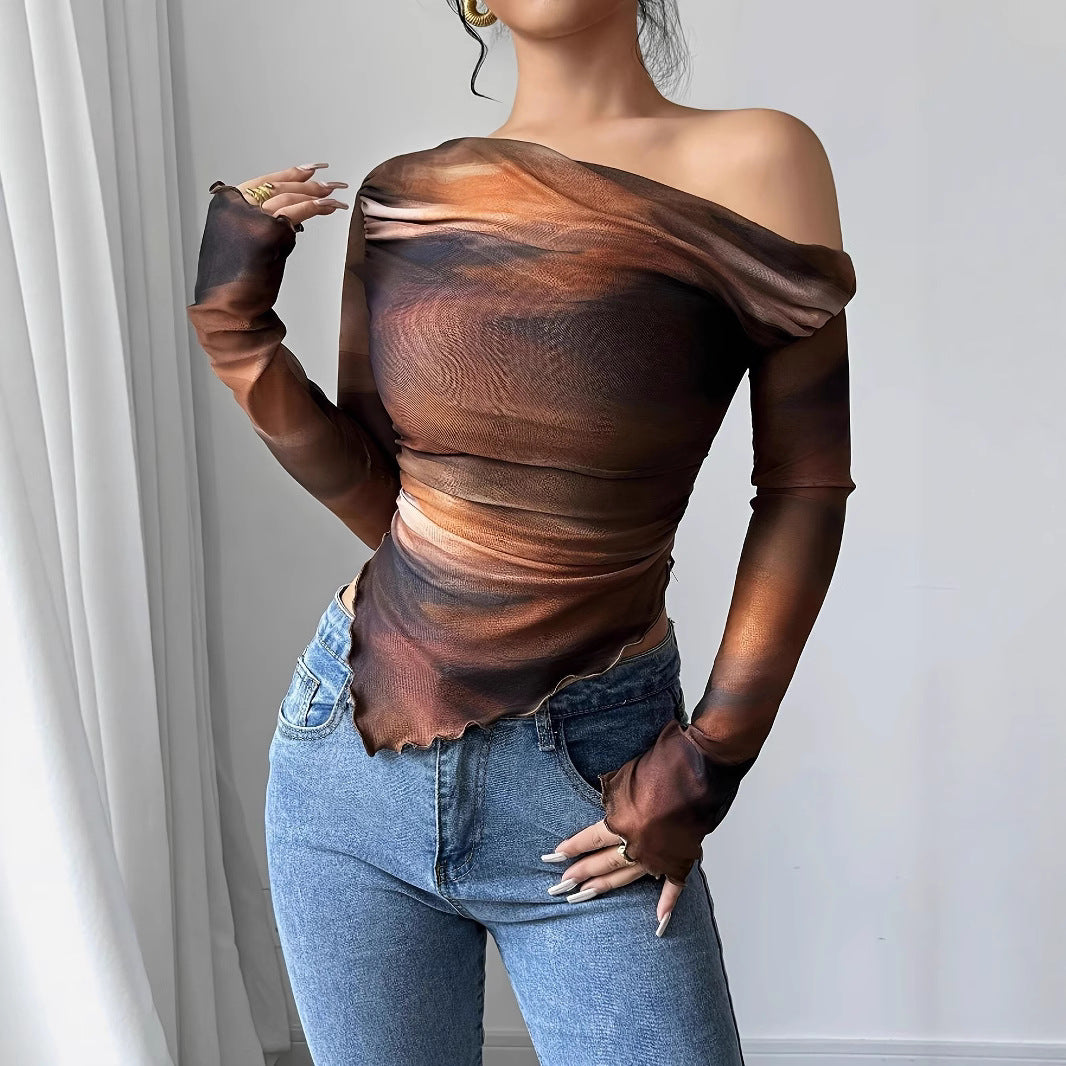 Tie-Dye Print Asymmetric Long Sleeve Top