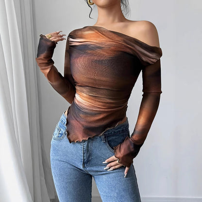Tie-Dye Print Asymmetric Long Sleeve Top