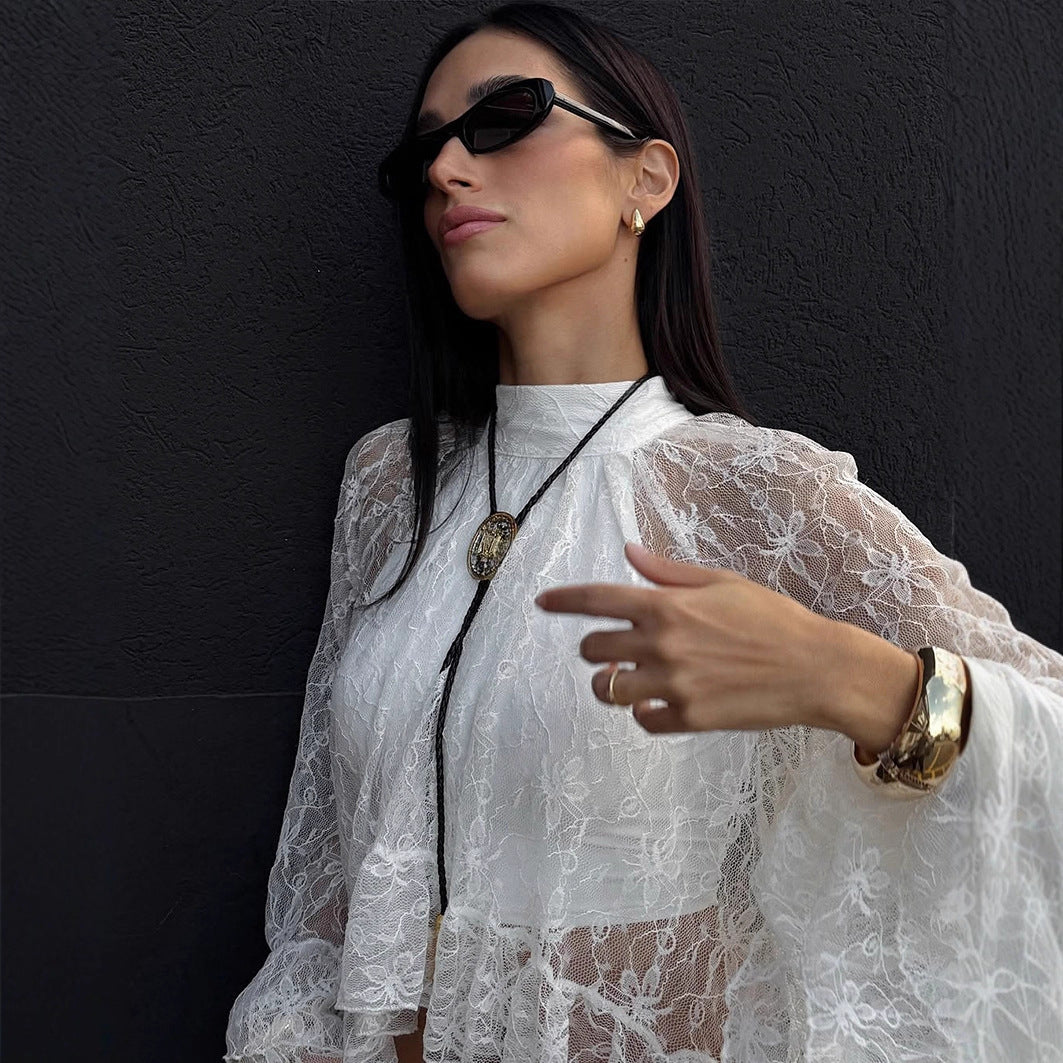 White Floral Lace High Neck Blouse