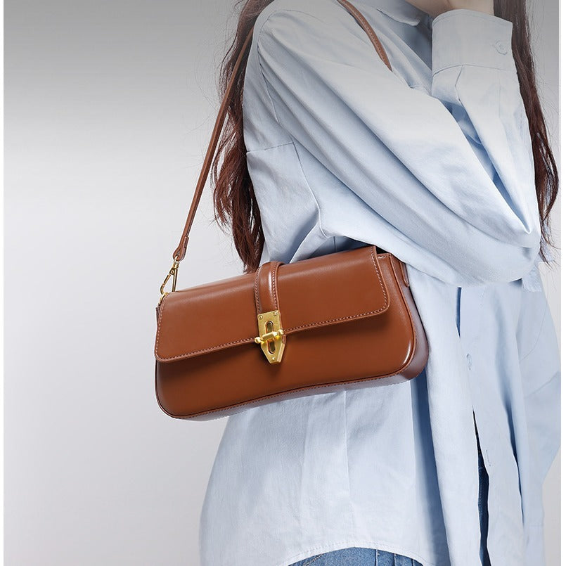 Baguette Shoulder Leather Bag with Twist Lock