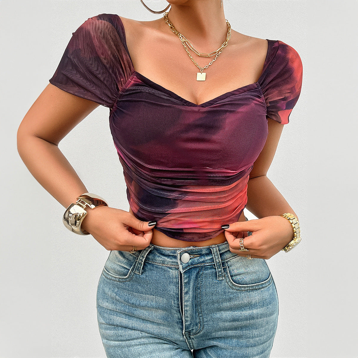 Purple Geometric Print Crop Top