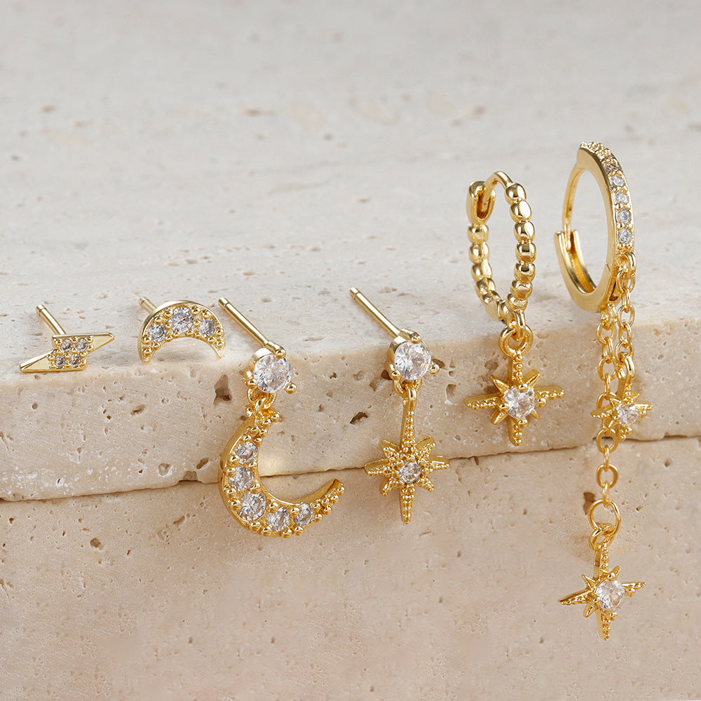 Celestial Chain Tassel, Zircon Stud, and Eardrop Earrings Set