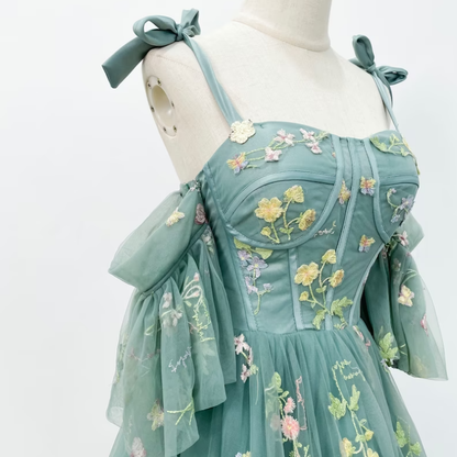 Green Floral Off-Shoulder A-Line Dress