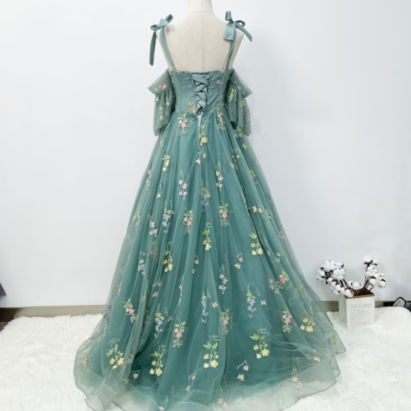 Green Floral Off-Shoulder A-Line Dress