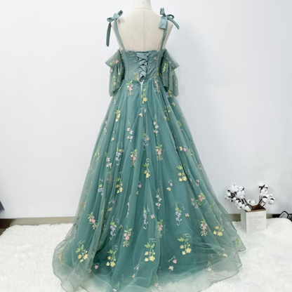 Green Floral Off-Shoulder A-Line Dress