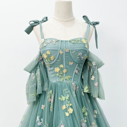 Green Floral Off-Shoulder A-Line Dress