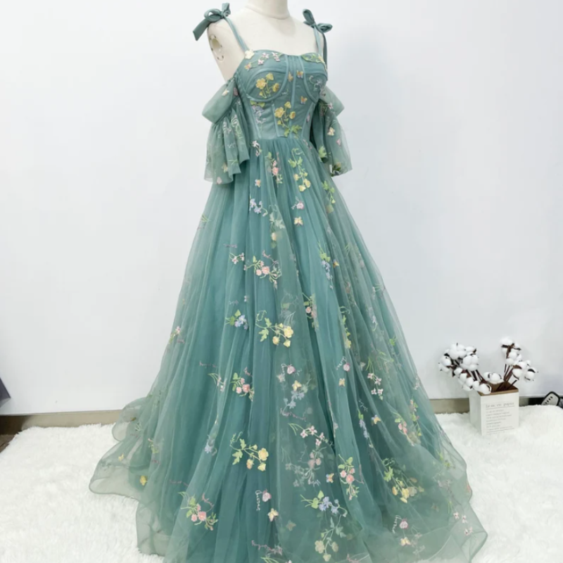 Green Floral Off-Shoulder A-Line Dress