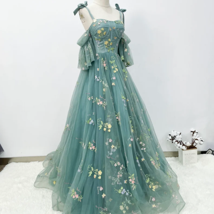 Green Floral Off-Shoulder A-Line Dress