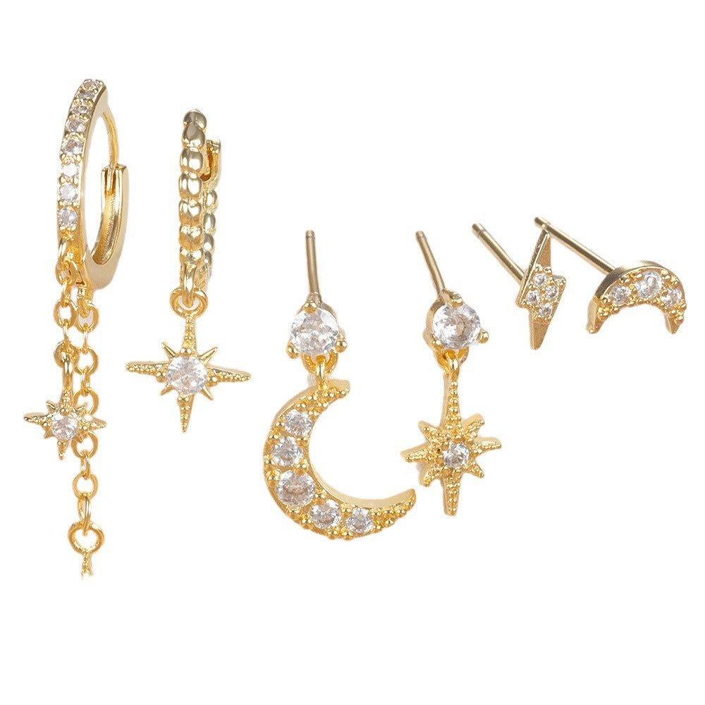Celestial Chain Tassel, Zircon Stud, and Eardrop Earrings Set
