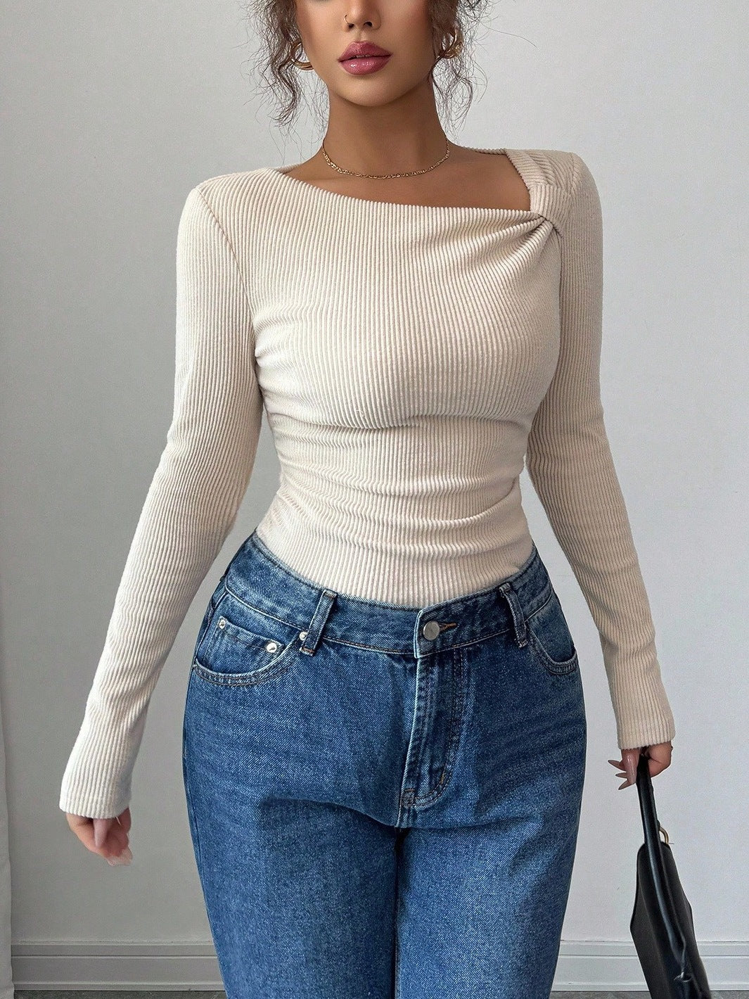 Pleated Asymmetric Hem Long Sleeve Top