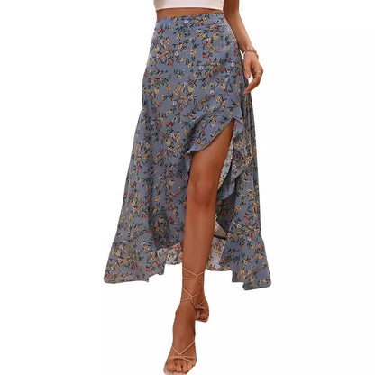 Floral Print Ruffle Slit Skirt