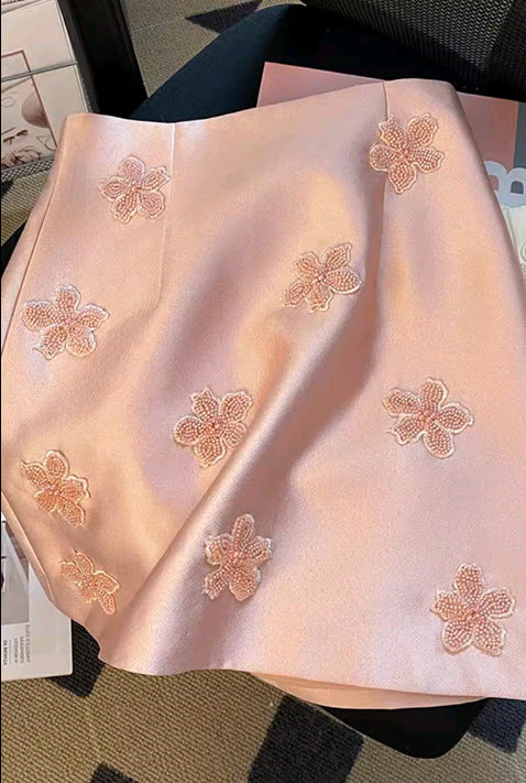 Beaded Floral Embroidered Bodycon Mini Skirt