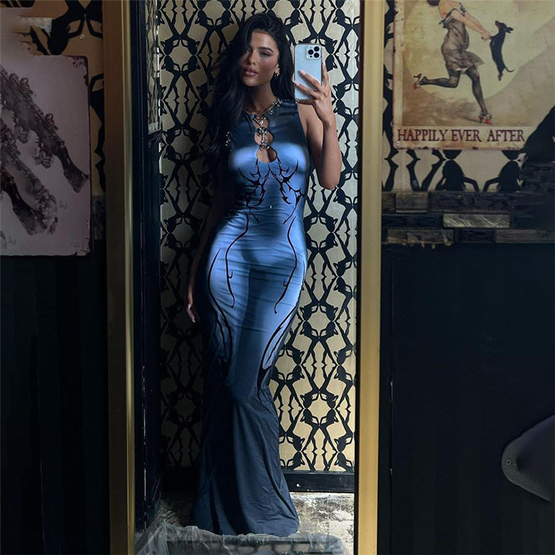 3D Digital Print Sleeveless Bodycon Maxi Dress - Gray