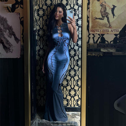 3D Digital Print Sleeveless Bodycon Maxi Dress - Gray