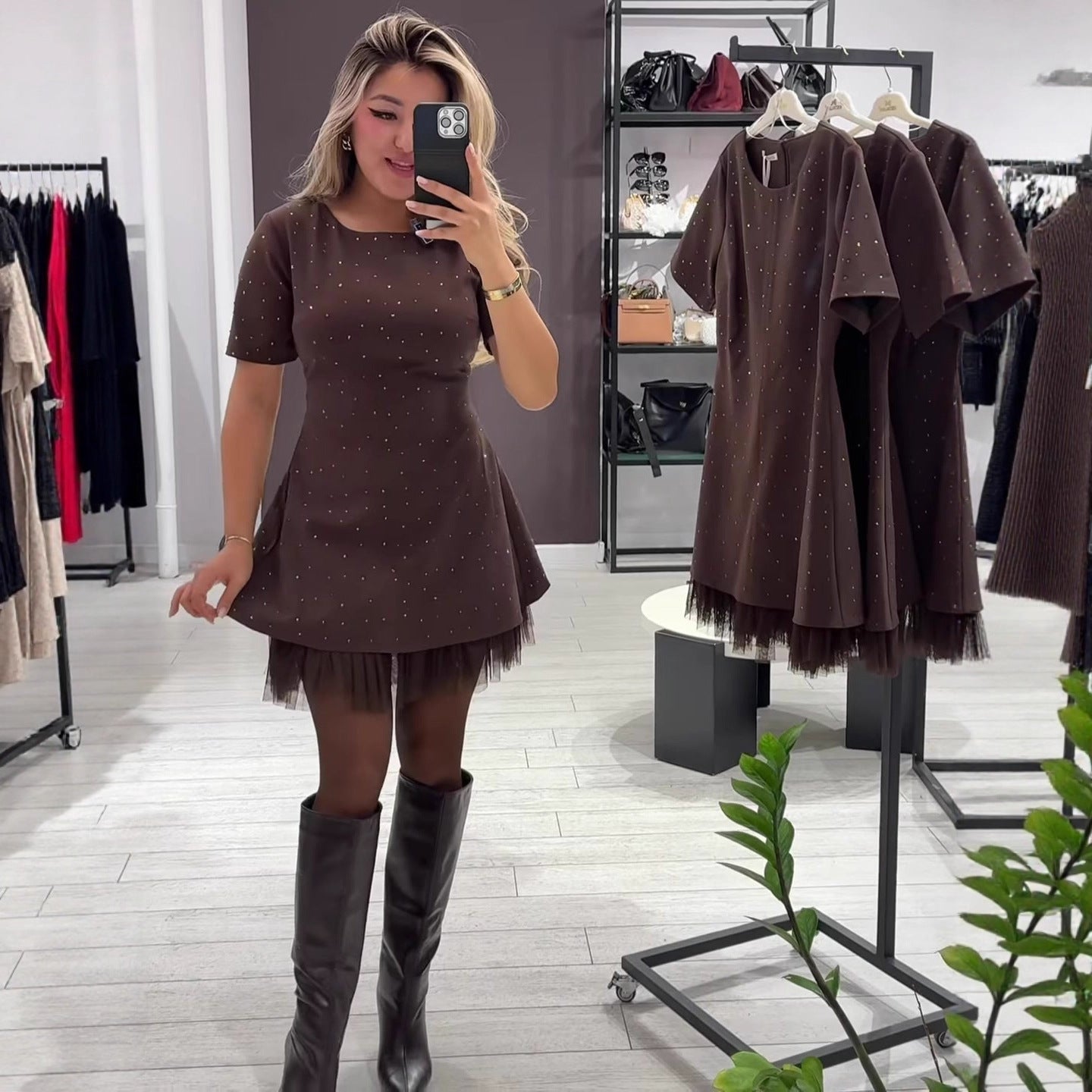 Rhinestone Lace Trim A-Line Dress - Short Sleeve