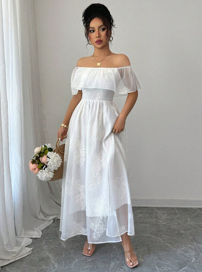 French Ruffled Off-Shoulder Maxi Dress - White