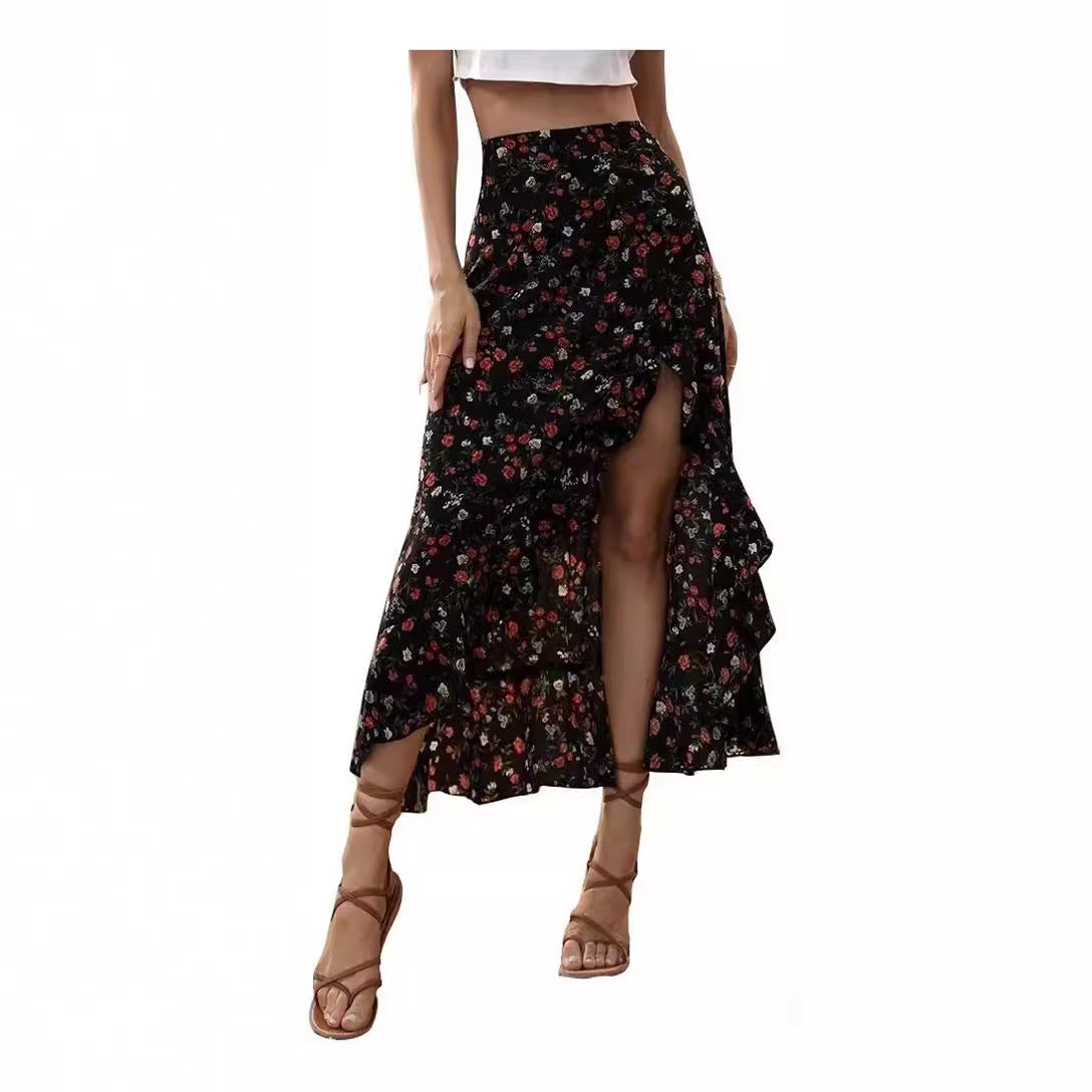 Floral Print Ruffle Slit Skirt