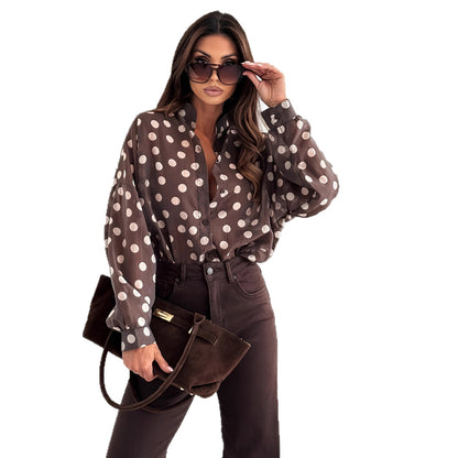 Brown Polka Dot Long Sleeve Blouse