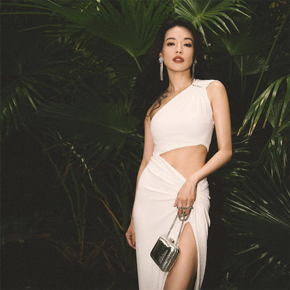 Off-Shoulder Asymmetric Maxi Dress - White