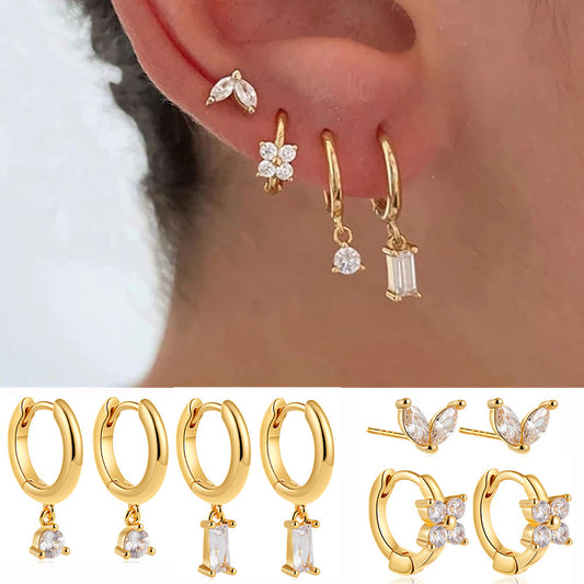 Copper Plating Zircon Geometric Square Four-piece Earrings