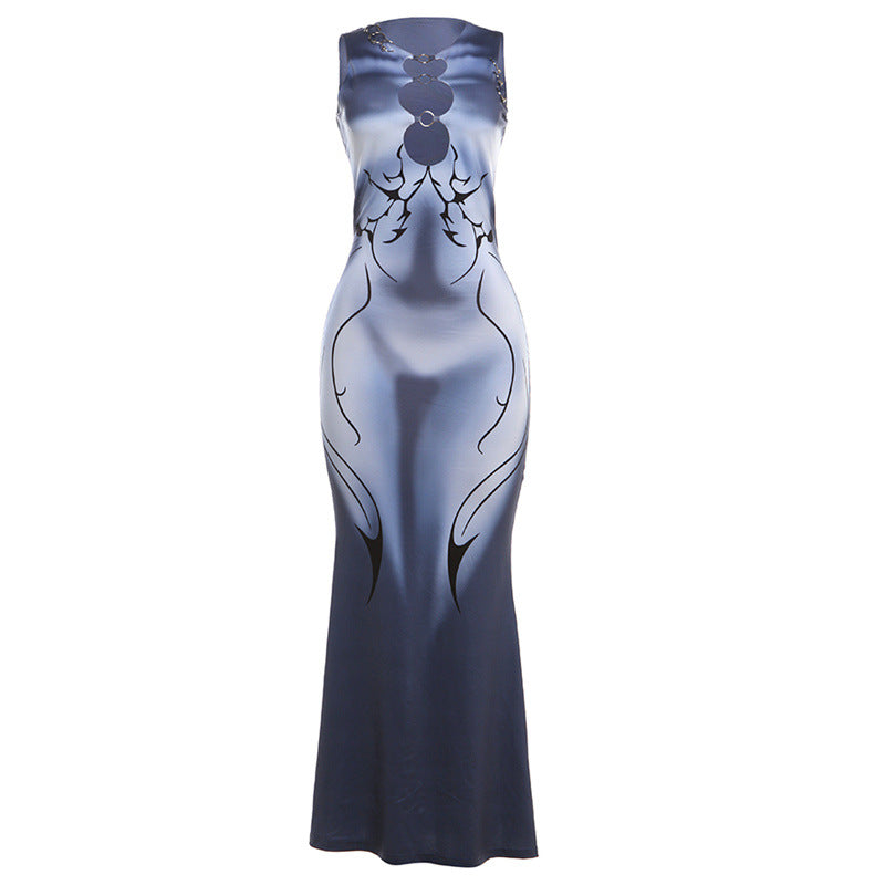3D Digital Print Sleeveless Bodycon Maxi Dress - Gray