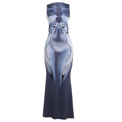 3D Digital Print Sleeveless Bodycon Maxi Dress - Gray