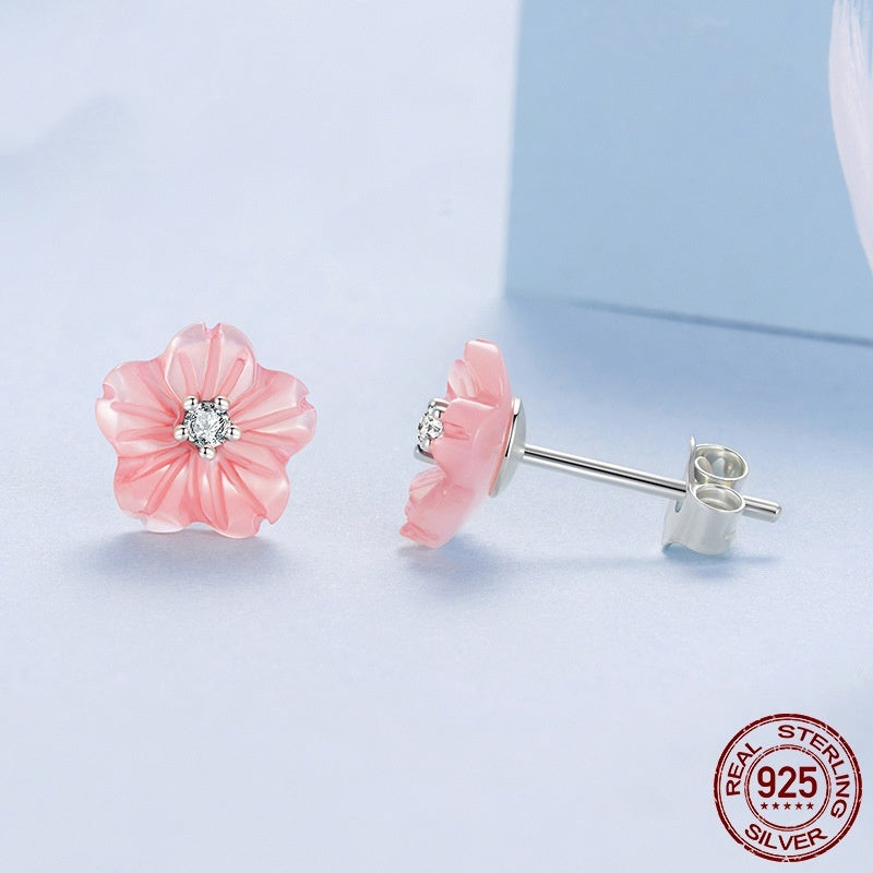 Flower Heart Stud Earrings - S925 Sterling Silver