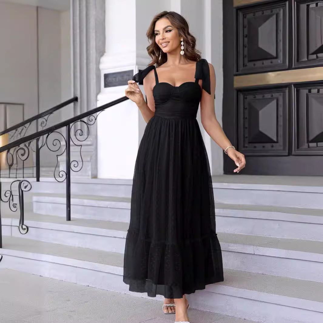 Mesh Overlay Lace-Up Strap Midi Dress