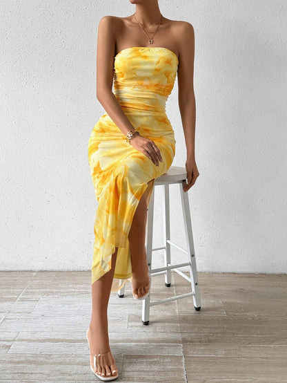 Mesh Overlay Strapless Bodycon Maxi Dress
