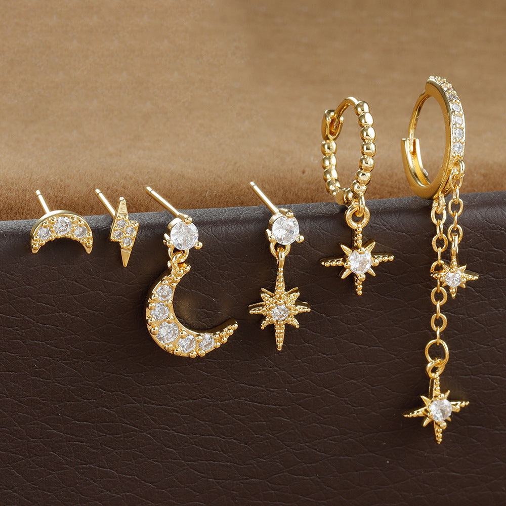 Celestial Chain Tassel, Zircon Stud, and Eardrop Earrings Set