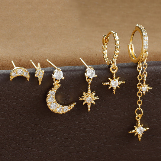 Celestial Chain Tassel, Zircon Stud, and Eardrop Earrings Set
