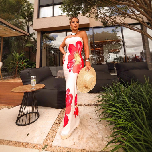 Tropical Paradise Floral Strapless Maxi Dress