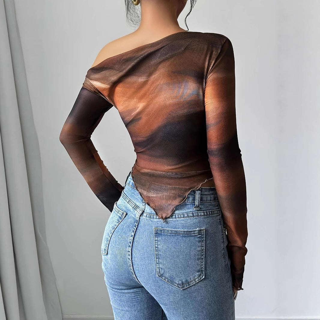 Tie-Dye Print Asymmetric Long Sleeve Top