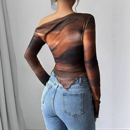 Tie-Dye Print Asymmetric Long Sleeve Top