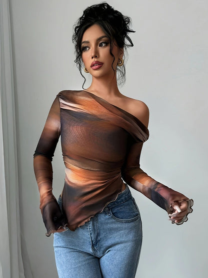 Tie-Dye Print Asymmetric Long Sleeve Top