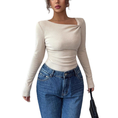 Pleated Asymmetric Hem Long Sleeve Top