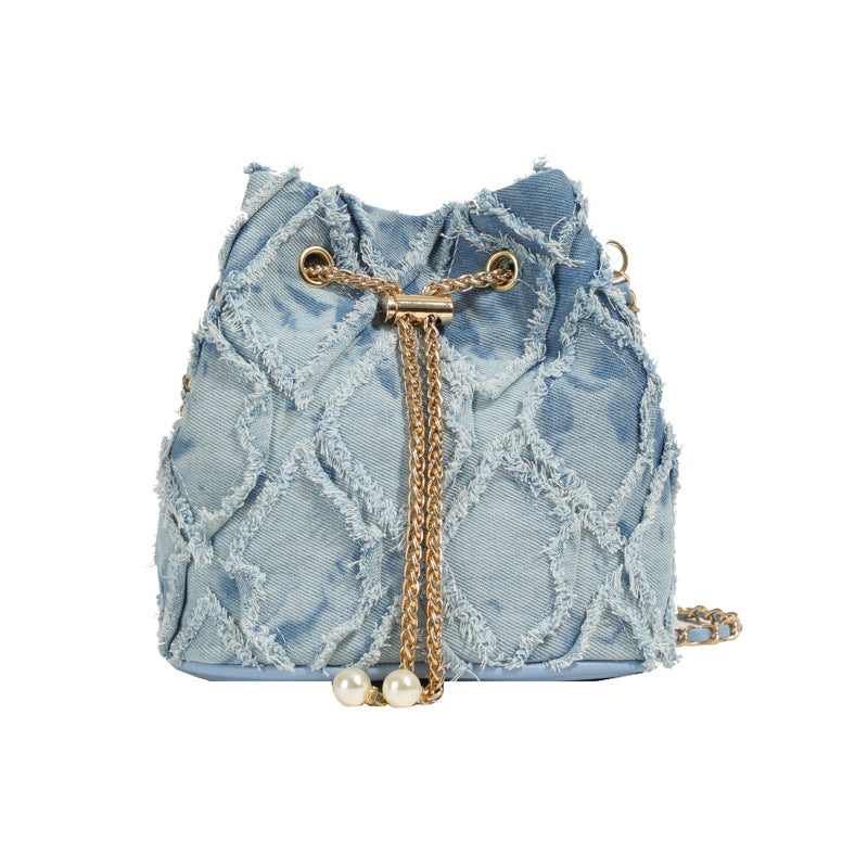 Soft Denim Bucket Bag with Chain Strap - Crossbody