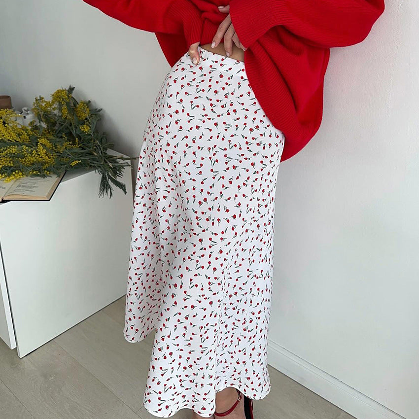 Rose Print High Waist Midi Skirt
