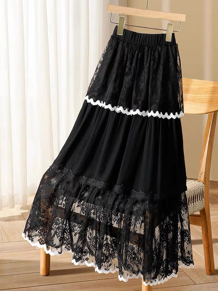 Tiered Lace Trim Midi Skirt